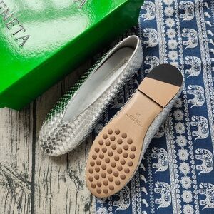 Bottega Veneta Silver Woven Leather Ballet Flats